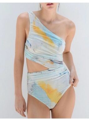 Zara One-Shoulder Cutout Bodysuit in Pastel Watercolor